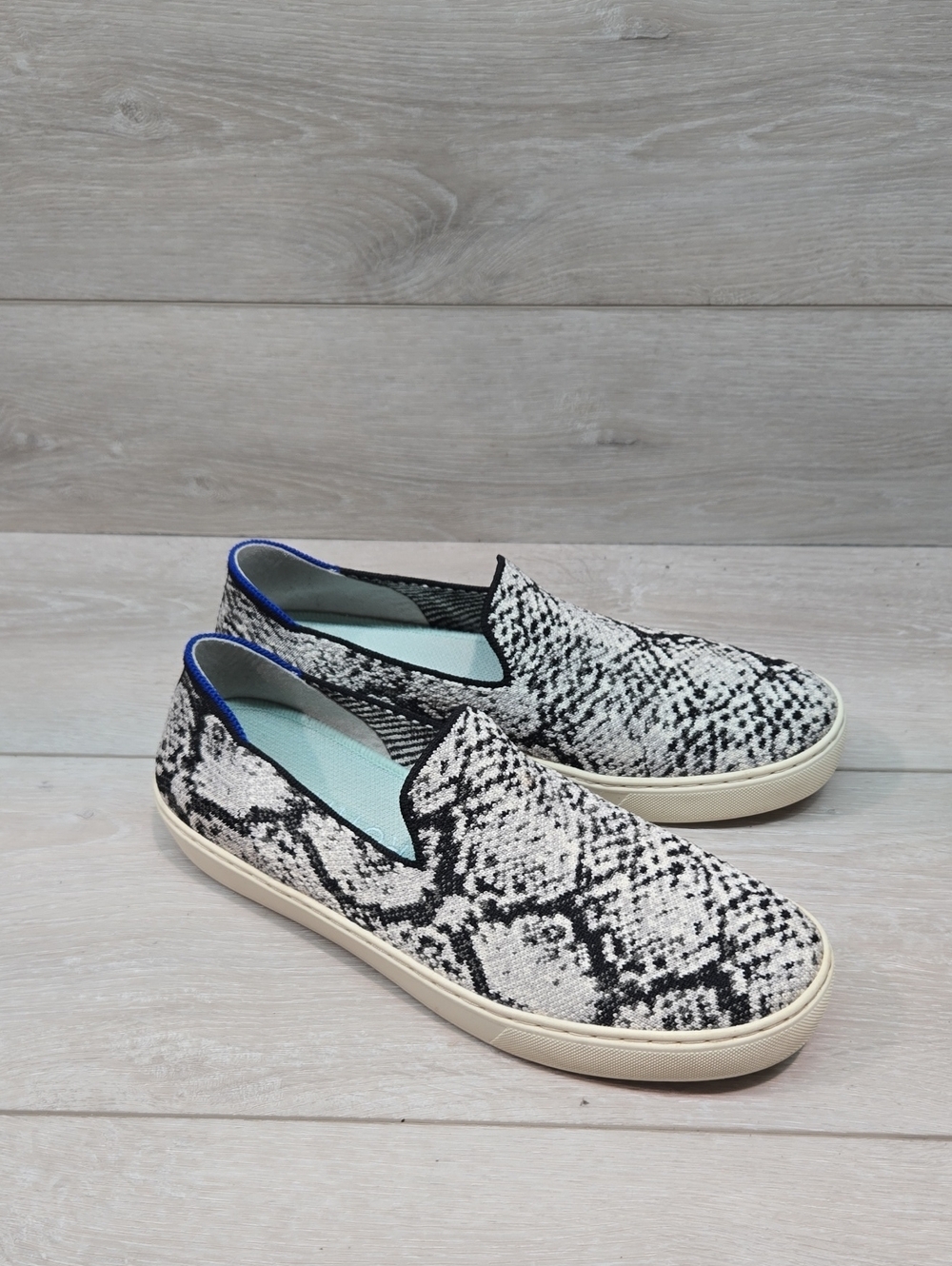 Rothy's Black & White Snakeskin Knit Slip-Ons with Blue Trim Sneakers Shoes 9.5